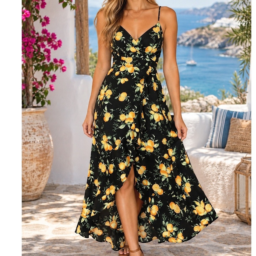 Lemon Print High-Low Maxi Dress Black Yellow Floral Large Vacation Citrus Flowy